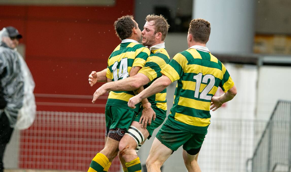Kieran Brandon, Will Miller and Jack Watts celebrating after a try. Picture by Giant Pictures 