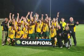 Shoalhaven FC First Grade men celebrating their premiership win over Hilltop FC. Picture supplied. 