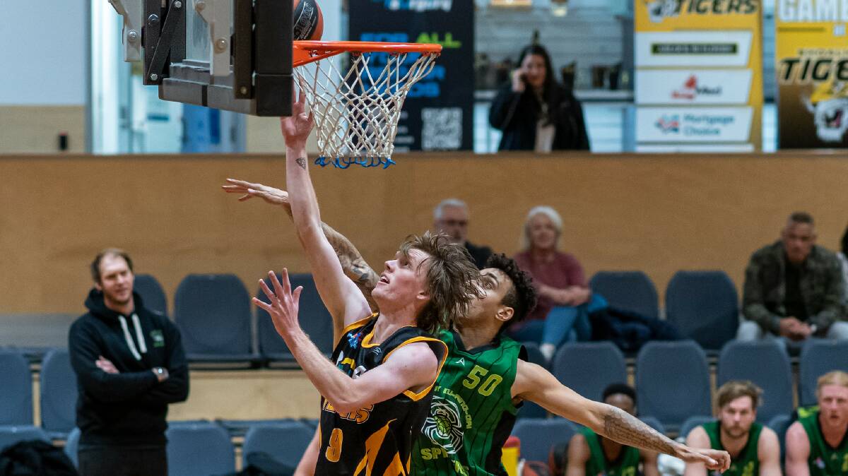 HUSTLE AND MUSCLE: Tigers' Zac Ottosson going up against the Spiders. Picture: SHOALHAVEN BASKETBALL ASSOCIATION