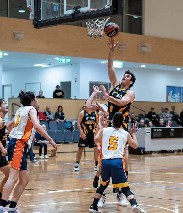 DOMINANT: Tigers' Jeremy Harding asserted his dominance in a strong 16 point outing against the Wildfire. Picture: Shoalhaven Basketball Association. 