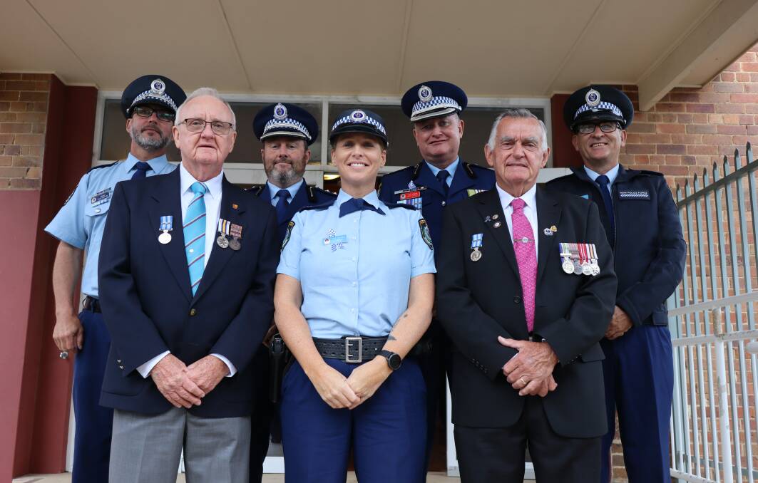 Current and retired police officers gathered for Nowra's Police Remembrance Day Service. Back, L-R: Detective Acting Inspector Ian Griffin, Chief Inspector MIck Garrahy, Chief Inspector Ray Stynes, Senior Constable John White. Front, L-R: Sergeant (retired) Dennis Potter, Acting Sergeant Hayley Wolf, Sergeant (retired) Herbie Snell. Picture by Jorja McDonnell