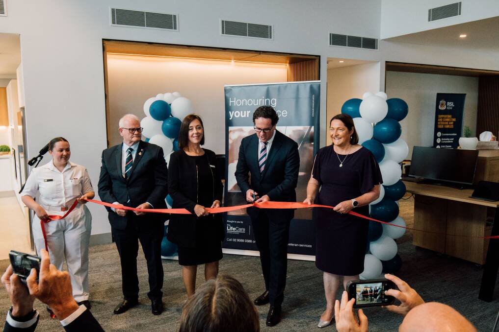 Dignitaries including RSL NSW president Ray James, RSL Life Care CEO Janet Muir, Minister for Veterans Affairs Matt Keogh, and Gilmore MP Fiona Phillips, cut the ribbon on the new Nowra Veteran Wellbeing Centre. Picture supplied.