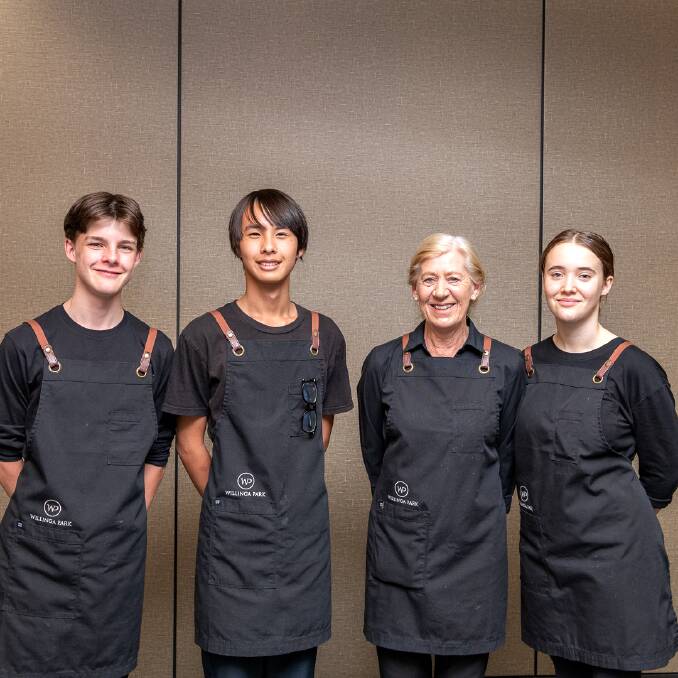 Virginia Mitchell, TAFE NSW, Food and Beverage teacher and student mentor. Hospitality students Ebony Felix and Lucas. Picture: supplied.