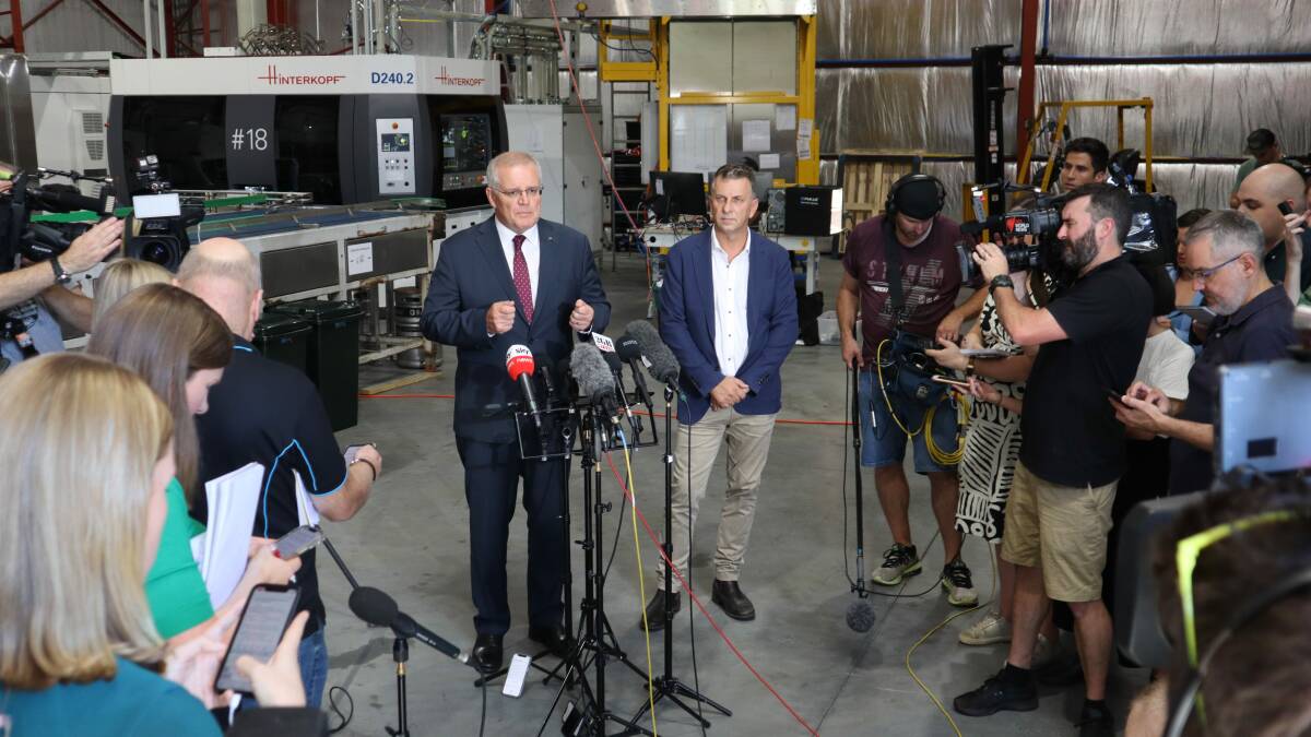 Prime Minister Scott Morrison and Liberal candidate Andrew Constance fronted up for a press conference in Culburra Beach, marking day one of official election campaigning. Picture: Jorja McDonnell
