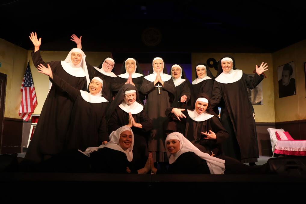 Robby Lassman stars as Reverend Mother Regina (centre) Nowra Players' production of Nunsense. She is joined by Michelle Greber, Laura Oliver-Graham, Jacii Pavitt, Rachel Strong, Cathy Johnson, Lesley Carter, Karen Simpson, Amber Jane Henry, Catherine Apperley, and Kathy Green. Picture by Jorja McDonnell
