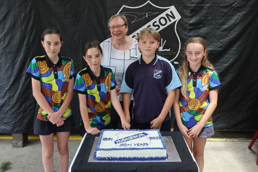 Huskisson Public School principal Kim Lovell with leaders Maddison and Khloe Houghton, Jett Lynch, and Amelia Seery. Pictures by Jorja McDonnell.
