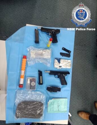 WEAPONS BUST: Police have seized two modified gel blasters, a homemade single shot .22 calibre pistol, two electronic stun devices, ammunition, several mobile phones, and allegedly stolen IDs from a Nowra home. Picture: NSW Police Force