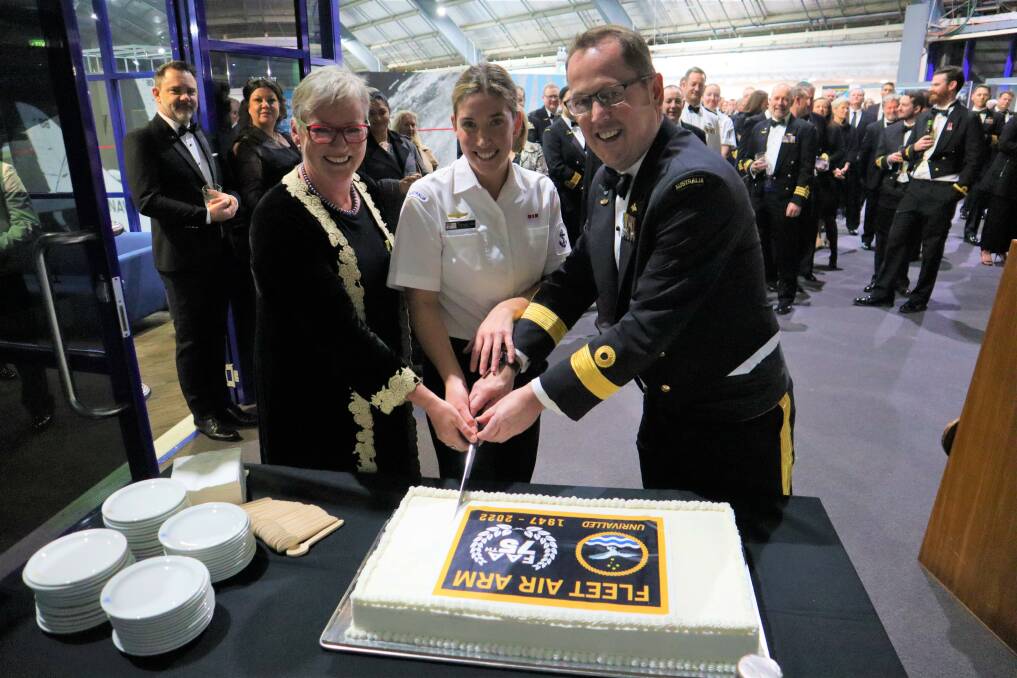 75 YEARS: Commodore David Frost (right) celebrates the Fleet Air Arm's 75th anniversary with Leading Seaman Stephanie Hart and Shoalhaven mayor amanda Findley. Picture: Jorja McDonnell