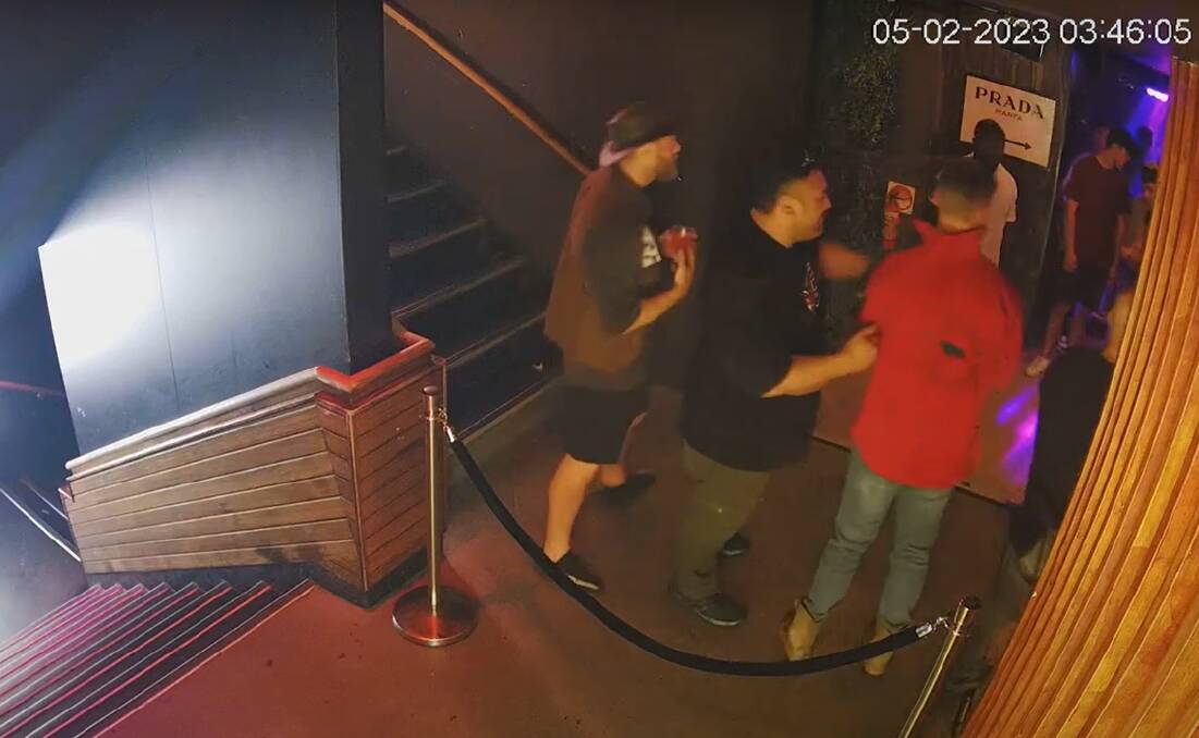 The few seconds of footage not collected by police shows Mr Wighton speaking with two men in the nightclub stairwell. Picture supplied