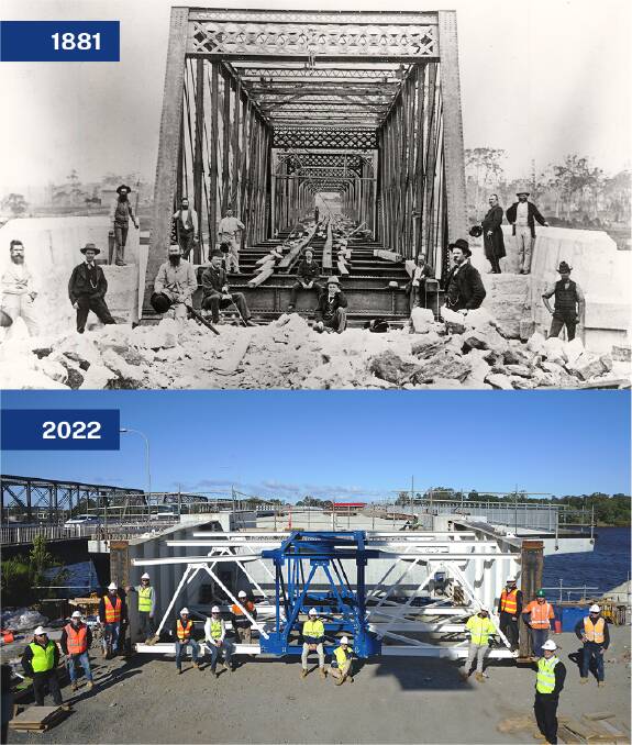 Before and now: Builders of the new Nowra Bridge recreate a historic photo. Picture: Provided. 