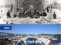 Before and now: Builders of the new Nowra Bridge recreate a historic photo. Picture: Provided. 