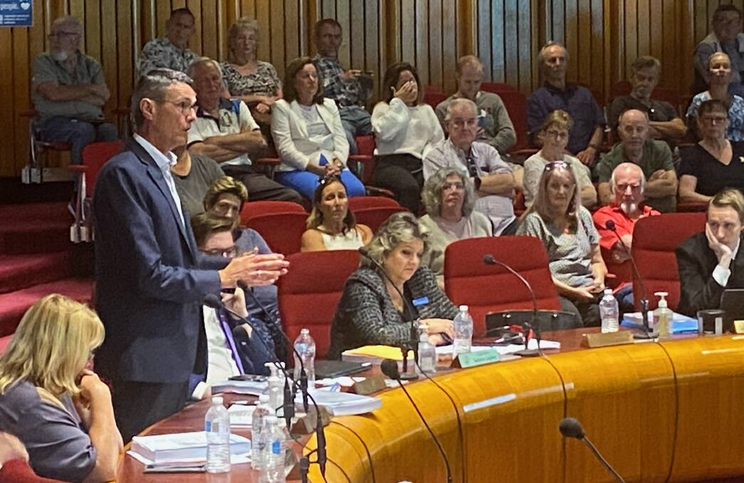 Deputy Shoalhaven Mayor, Cr Evan Christen, makes a point during debate about rate rises and calling for public comment on services. Picture by Glenn Ellard.