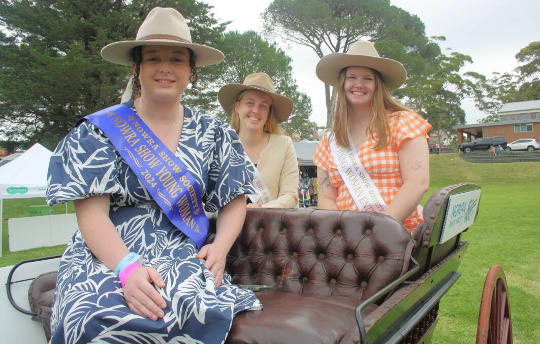 Winner of the Nowra Show's young woman competition, Maddy Perry, with two of her fellow entrants Alicia Ford and Jacqueline Ferguson at the show. Picture by Glenn Ellard.