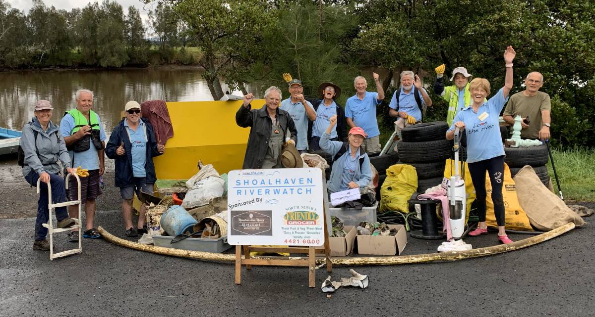 Shoalhaven Riverwatch volunteers with their haul of rubbish after cleaning up around a couple of islands this week. Picture supplied.