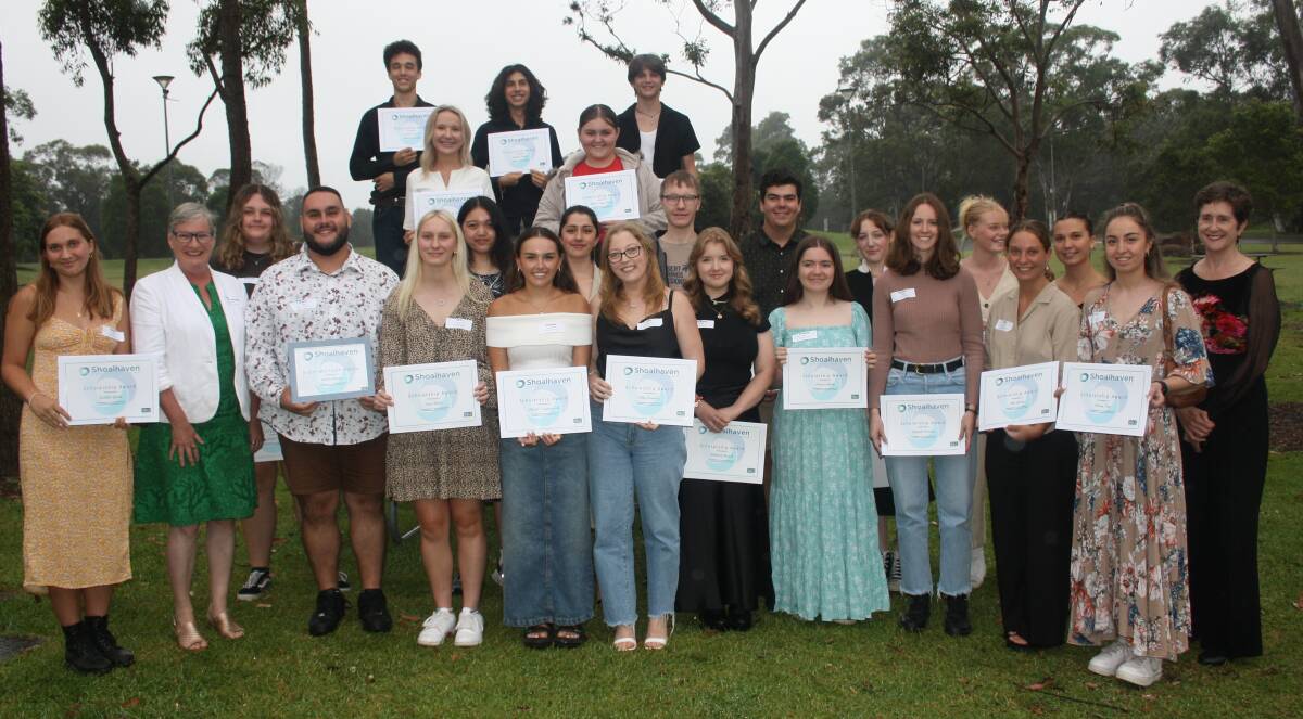 Some of the 58 students presented with Shoalhaven Education Fund awards, pictured with Shoalhaven Mayor Amanda Findley and Country Education Fund CEO Wendy Mason. Picture by Glenn Ellard.