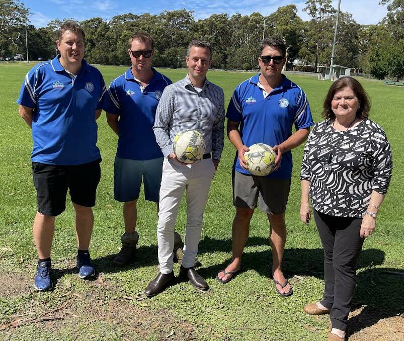 South Coast MP Shelley Hancock and Liberal Candidate for South Coast Luke Sikora, and joined by Sussex Inlet Soccer Club President Ben Whipp and Secretary Dale Cooper while announcing funding to upgrade lighting at the Thompson Street Sporting Complex. Picture supplied.
