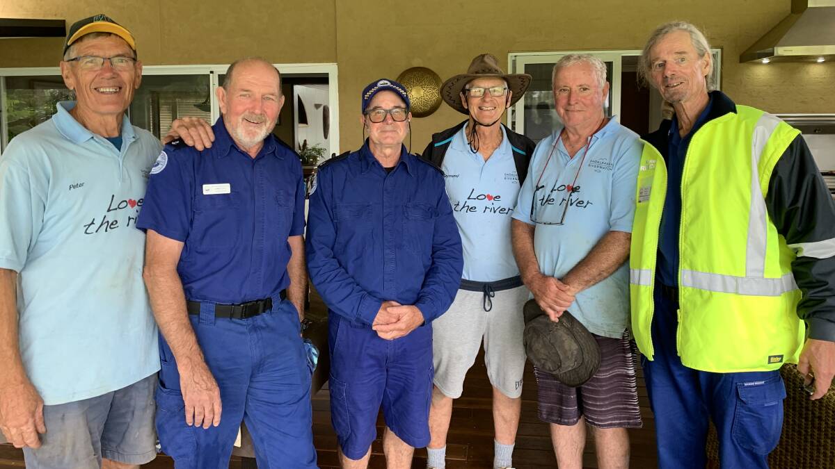  Peter Jirgens (Riverwatch), James Guy and Trevor Davies (Marine Rescue), Raymond Martin and Ron Cowlishaw (Riverwatch) and Paul Poulsen who wears both Riverwatch and Marine Rescue hats, enjoying a barbecue after the working bee. Picture supplied.