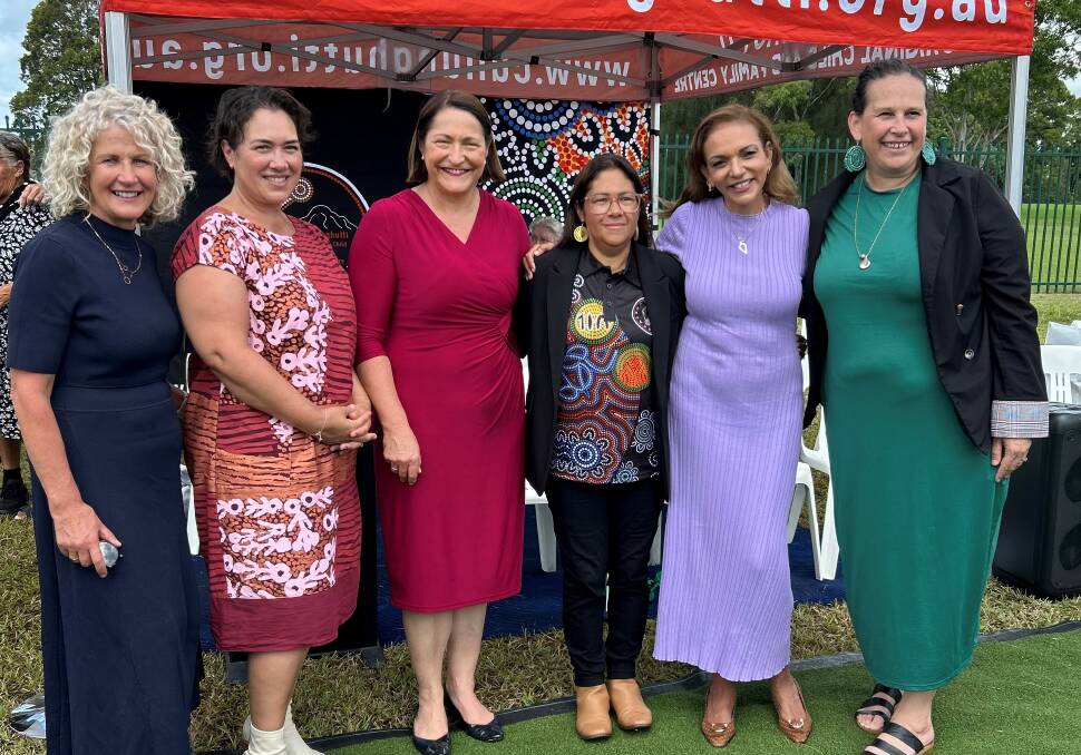 Helping to launch Boori Milumba are State Member for South Coast Liza Butler, SNAICC CEO Catherine Liddle, Federal Memger for Gilmore Fiona Phillips, Cullunghutti CEO Tara Leslie, (Cullunghutti CEO), Minister for Early Childhood Education Dr Anne Aly, and SNAICC representative Miranda Edwards. Picture supplied.
