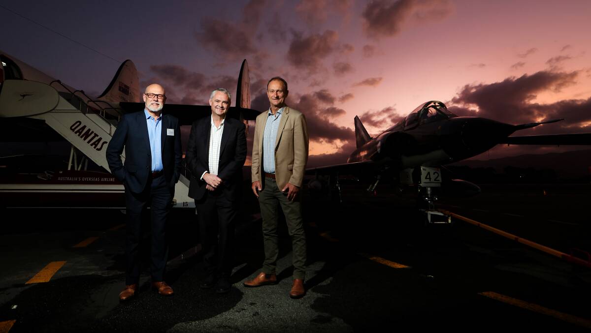 Scott Bridgement, Executive Director of Shellharbour City Council, Justin Giddings, CEO of AMDA Foundation Limited and Shellharbour Mayor Chris Homer at Shellharbour Airport on August 2, 2023. Picture by Sylvia Liber