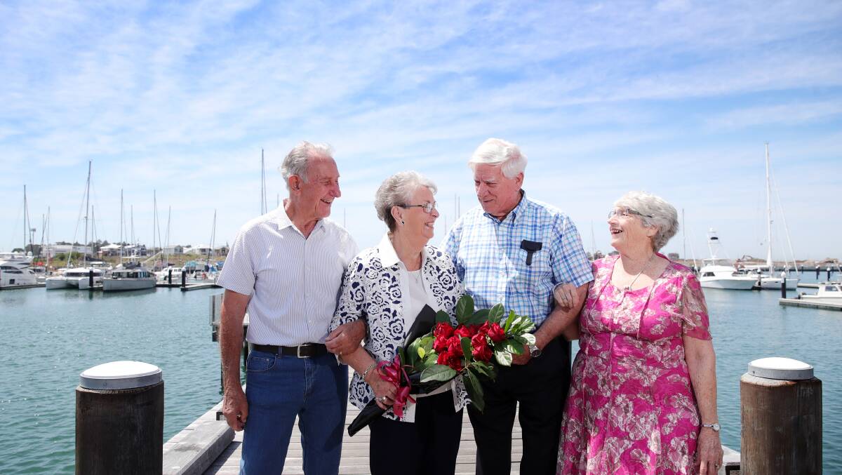 For their 60th wedding anniversary the original wedding party: best man Barry Martin, bride Kathleen Waddell, groom Ross Waddell and bridesmaid Norma Mitchell met for lunch at Shell Cove. Picture by Sylvia Liber