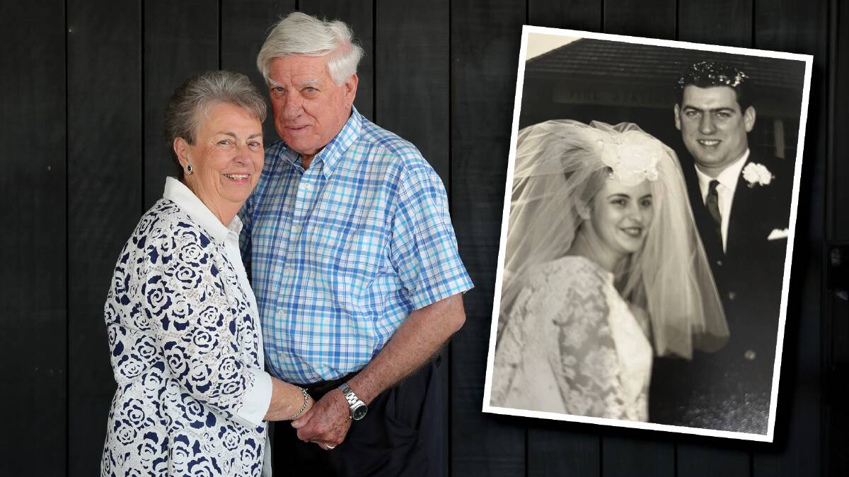 Kathleen Waddell and Andrew 'Ross' Waddell on their 60th Wedding anniversary on October 12, 2023 and inset picture from their wedding day in 1963. Picture by Sylvia Liber and inset picture supplied