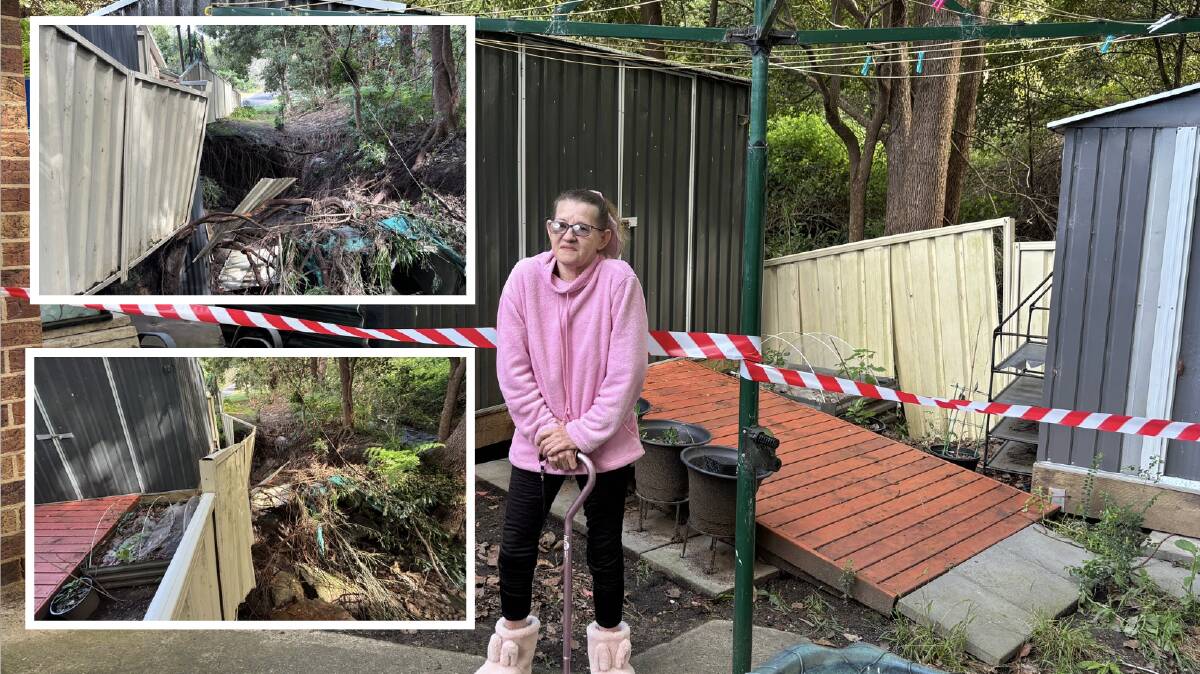 Kazz Byrne's back fence was severely impacted by flooding, and her outdoor shed is near falling off its supporting beams. Pictures by Holly McGuinness