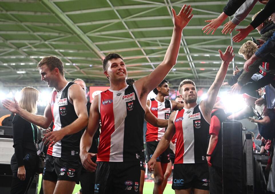 THE NUMBER OF SUCCESS: Saint Rowan Marshall high fives fans after winning the round three match against Richmond Tigers at Marvel Stadium. The performance demonstrates what could happen if teams capitalise on the 6-6-6 rule. Picture: Quinn Rooney/Getty Images