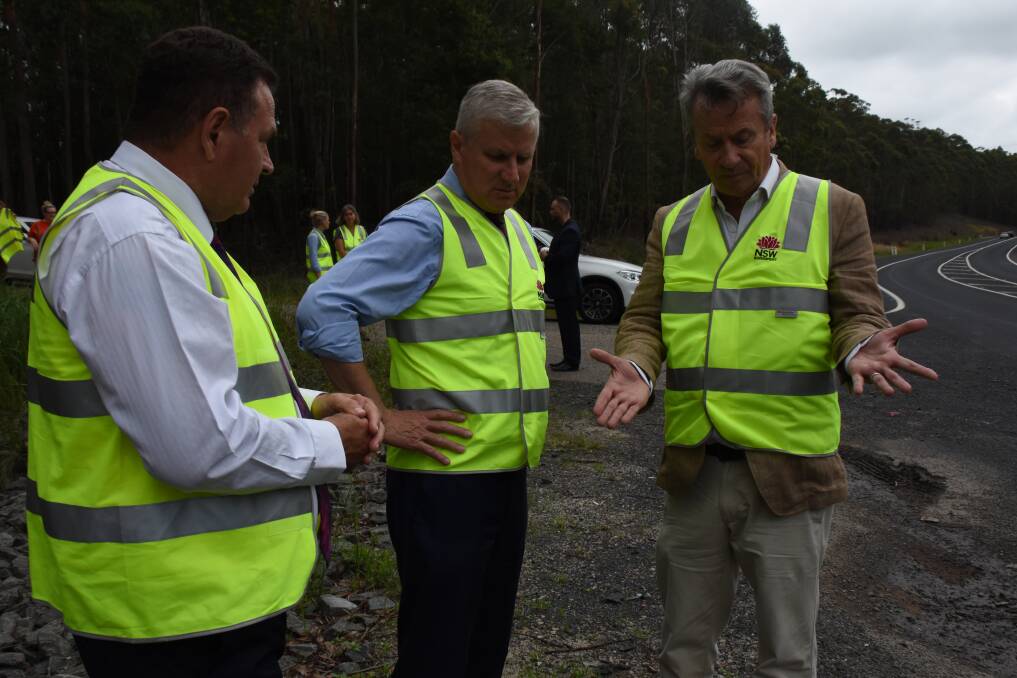 Gilmore candidate Grant Schultz, Deputy Prime Minister Michael McCormack and SCR editor John Hanscombe at the scene of the Falkholt crash.  