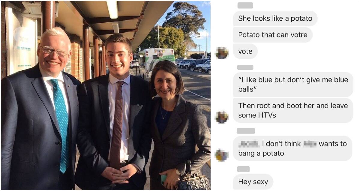 Kiama MP Gareth Ward, Jacob Sich and Premier Gladys Berejiklian. Picture: Supplied Right: A screenshot of the conversation on Facebook.