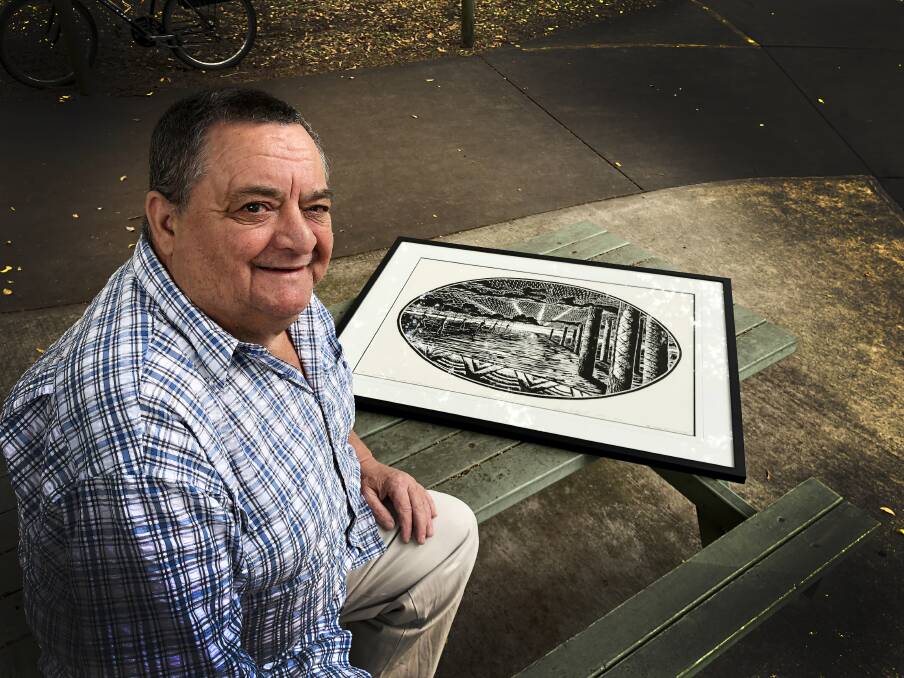 TAFE NSW head teacher of Trades and Technology, Building and Construction at Nowra and Moruya with a parting gift from Shoalhaven artist Glenn Duffield.