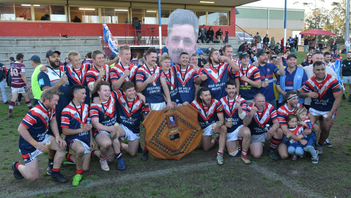 Cameron Vazzoler and his first grade Bega Roosters celebrate the 2022 Group 16 premiership. Picture by Ben Smyth