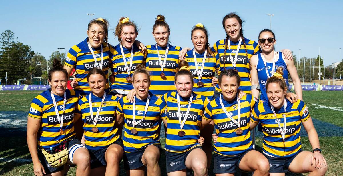 Lauren Murty (front row, second from right) and her University of Sydney team with their bronze medals. Photo: Karen Watson/Rugby AU Media