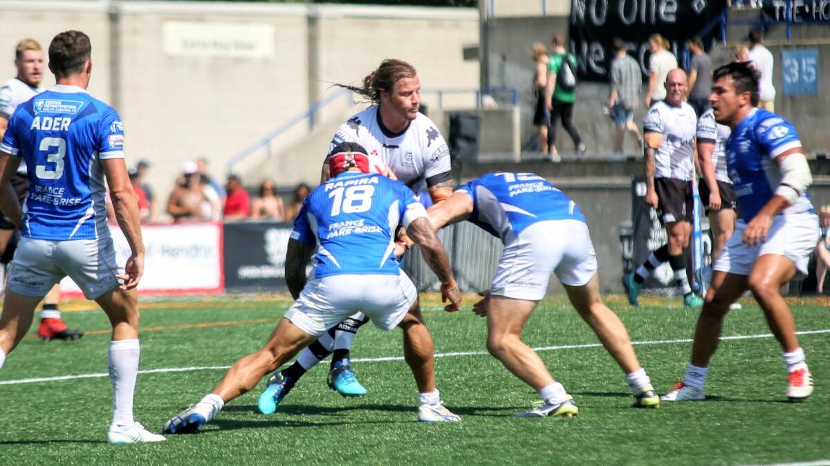 Toronto's Ashton Sims takes a hit-up against Toulouse Olympique at the weekend. Photo: WOLFPACK MEDIA