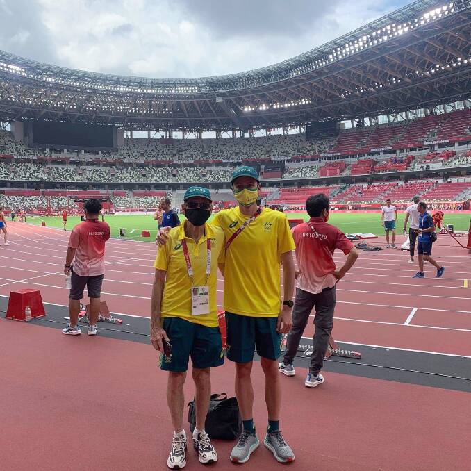 Nowra Athletics Club product Jye Edwards (right) with his coach Dick Telford at Tokyo's Olympic Stadium. Photo: Supplied