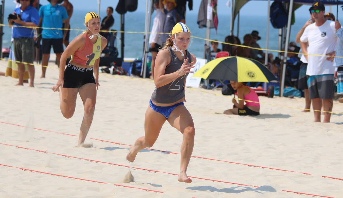 Holly Abbey competes in the beach sprint for Kurrawa during the 2019/20 season. Photo: Karen Abbey