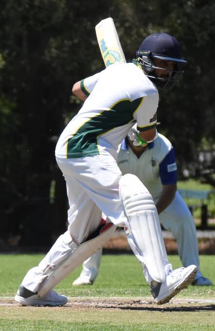 FRONT FOOT: Shoalhaven Ex-Servicemens' Hari Bhandari hit 13 boundaries and two sixes on his way to 79 against Bomaderry. Photo: DAMIAN McGILL