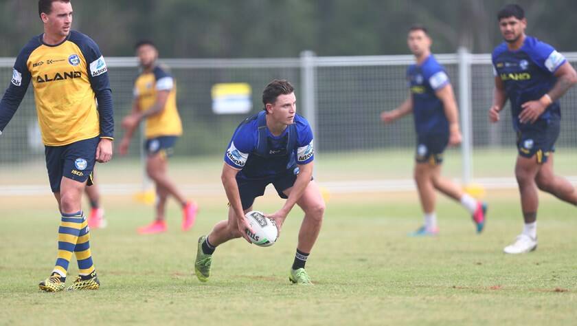Jai Field looks for a pass at a recent Parramatta training session. Photo: Eels Media