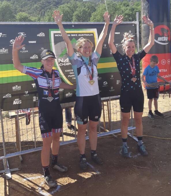 Lynne Vaughan celebrates her win at the 2020 Mountain Bike Australia National Championships. Photo: Supplied