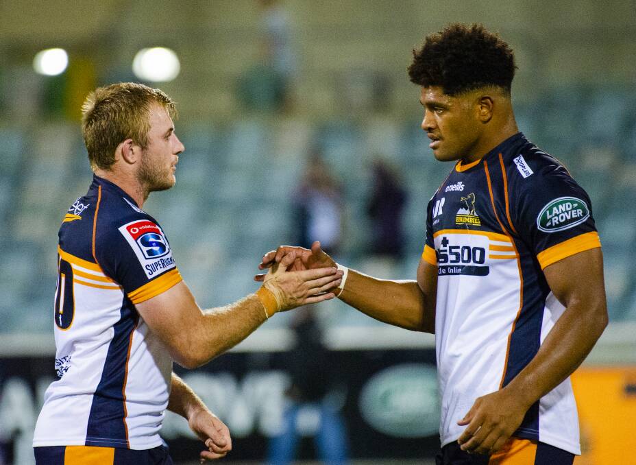 Berry's Will Miller celebrates a Brumbies try with Rob Valetini. Photo: Jamila Toderas