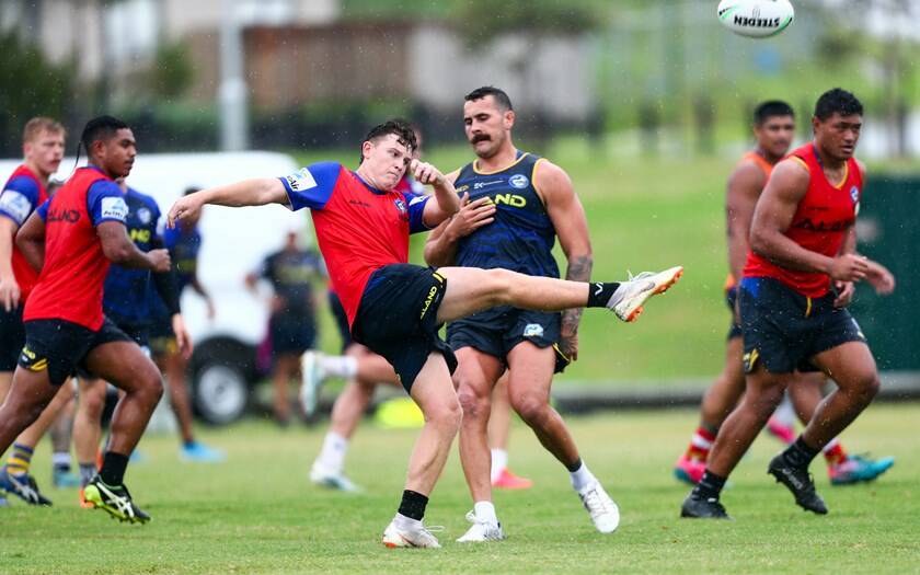 Jai Field puts a kick up during a recent Parramatta training session. Photo: EELS MEDIA