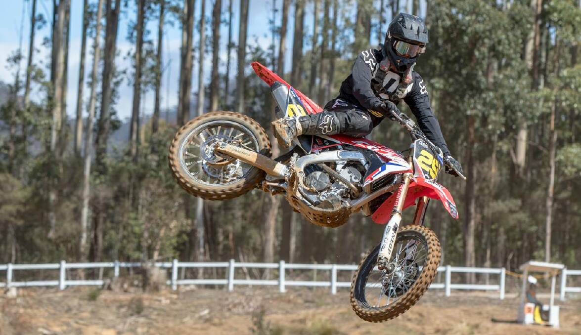 FLYING HIGH: Nowra's Dante Hyam claimed another podium finish at the recent Australian Junior MX Titles in Tasmania. Photo: FULLNOISE.COM.AU
