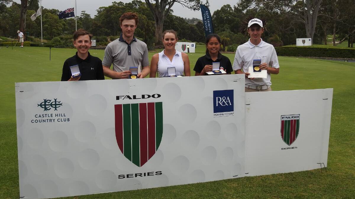 Faldo Series Australia Championship age group winners; Harry Peterson, Bryce Pickin, Kelsey Bennett, Shannon Tan and Josh Fuller.