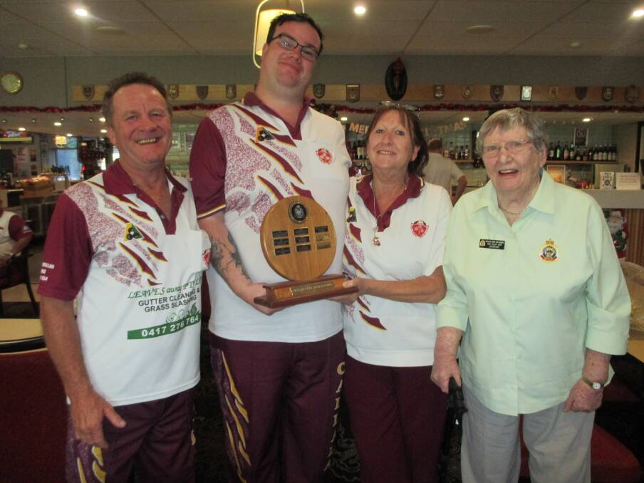 Winners of the RSL Sub Branch Triples Chris Harbrow, Bryan Green and Lesley Harbrow with Sub Branch secretary Iris Selby.
