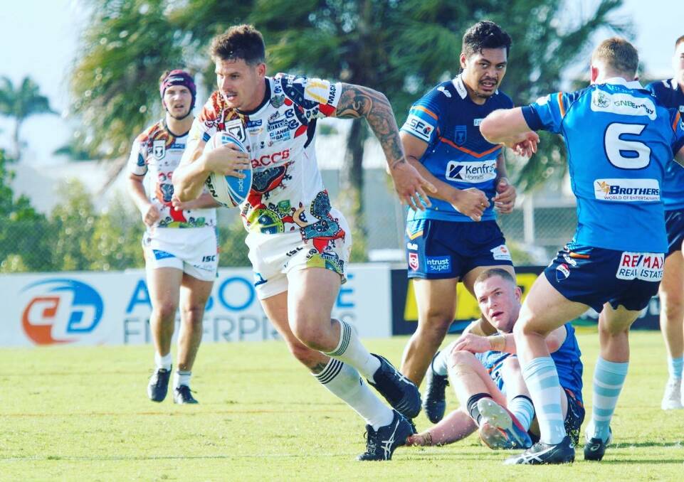 Jesse Dee makes a break for Mackay during the 2021 Queensland Cup season. Photo Cutters Media