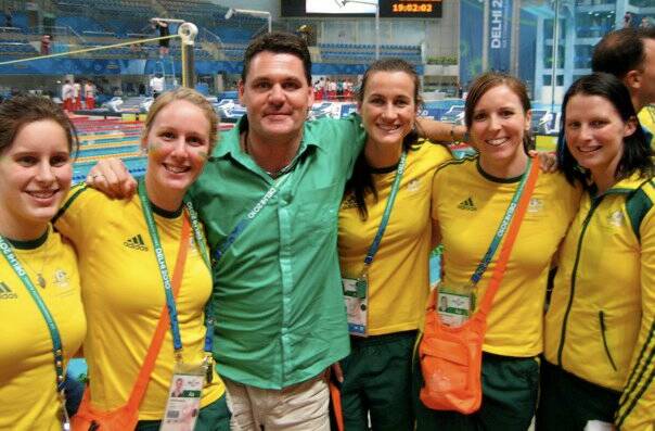 Rohan Taylor (green shirt), Sarah Lynch (nee Katsoulis) (second from right) and their Australian teammates at the 2010 Commonwealth Games. Photo: Supplied
