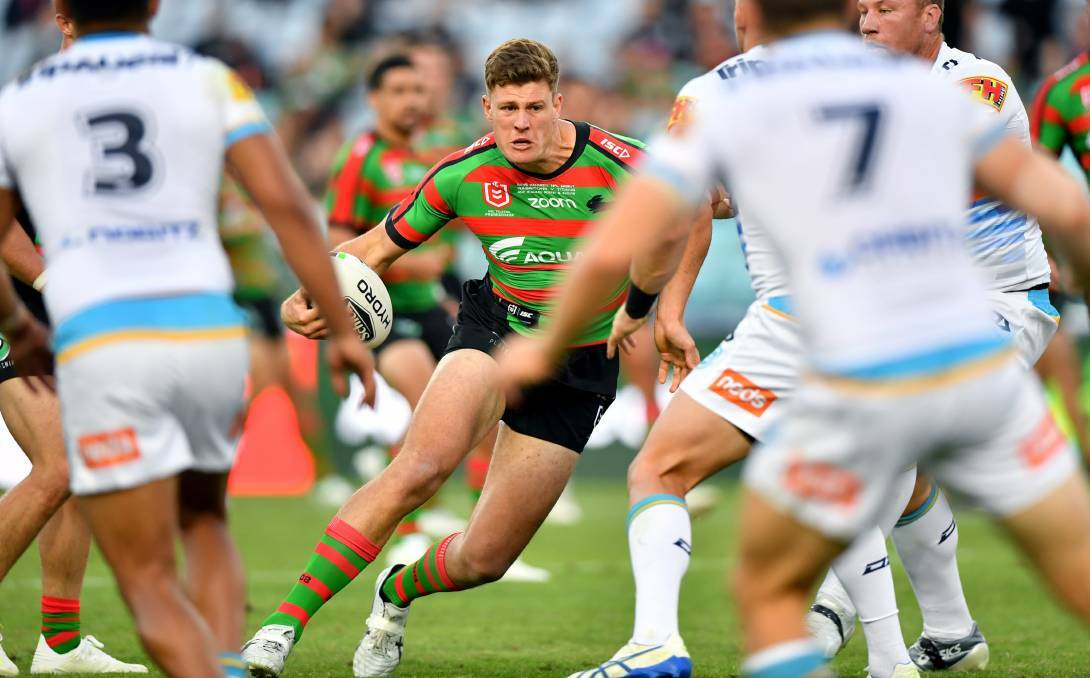 Rhys Kennedys makes a run during his NRL debut for South Sydney against the Gold Coast. Photo: Rabbitohs Media