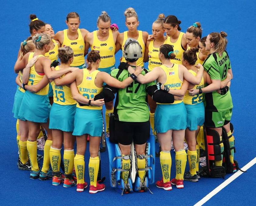 The Hockeyroos squad in a huddle during a recent match. Photo: HOCKEY AUSTRALIA