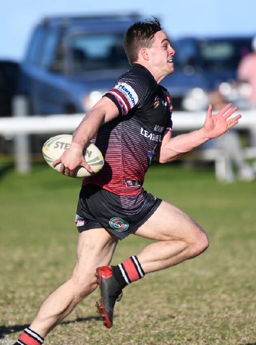 Knights fullback Dylan Morris sprints towards the tryline in 2019. Photo: KRISTIE LAIRD
