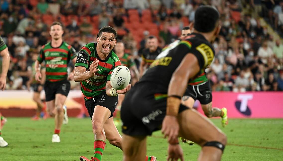 The pass by South Sydney's Cody Walker that was ultimately intercepted by Penrith's Stephen Crichton on Sunday. Photo: Rabbitohs Media