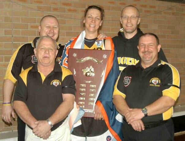 Erwin Balsar (front left) with Scott Balsar, Sandra Ozolins, Ian Ozolins and Geoff Gibbs after taking out the Waratah League division one women's crown.